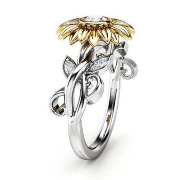 NEW 18K White&Yellow Gold Diamond Sunflower Ring